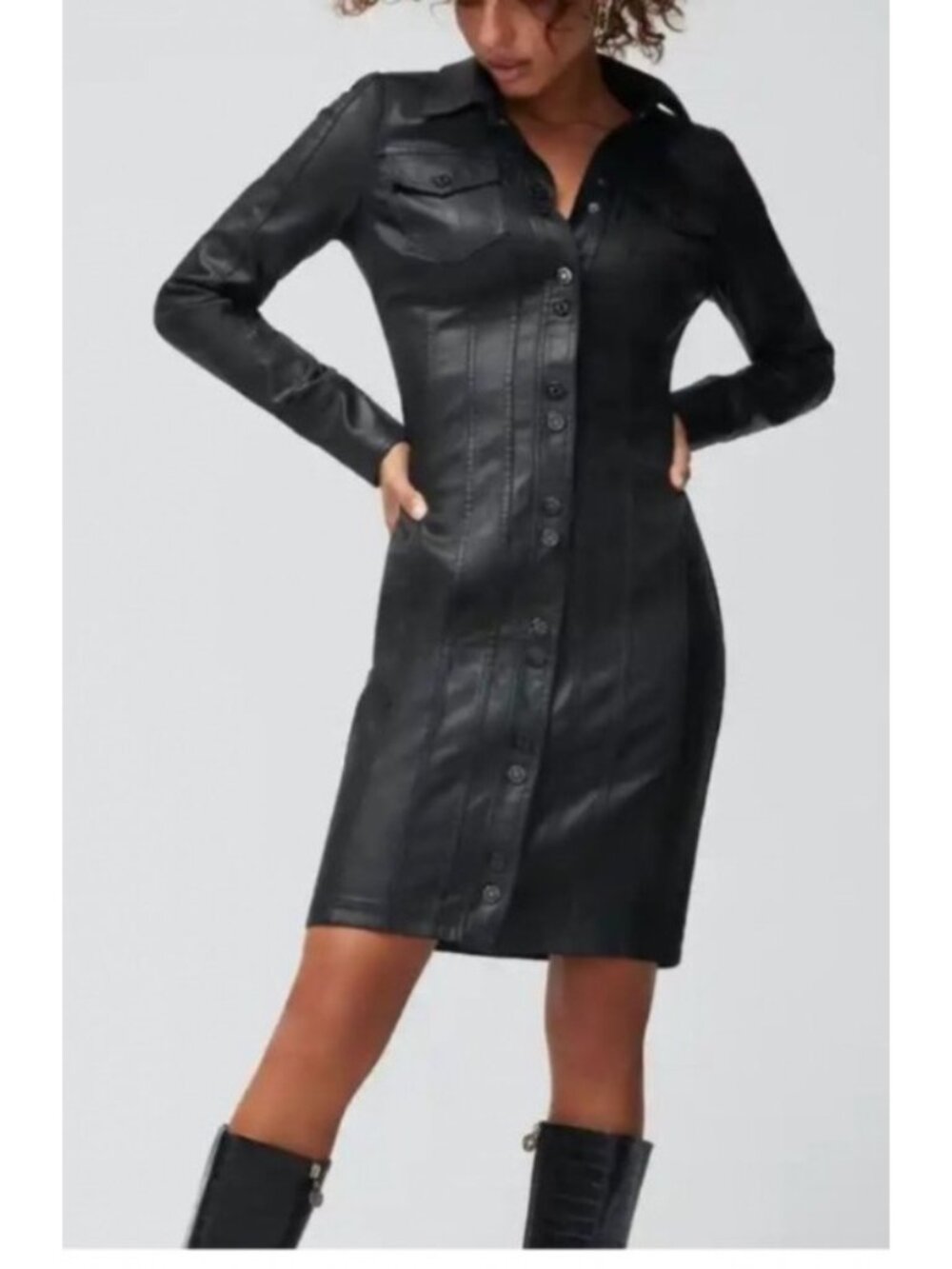 White House Black Market Black Long Sleeve Coated Denim Button-Up Dress Size 8